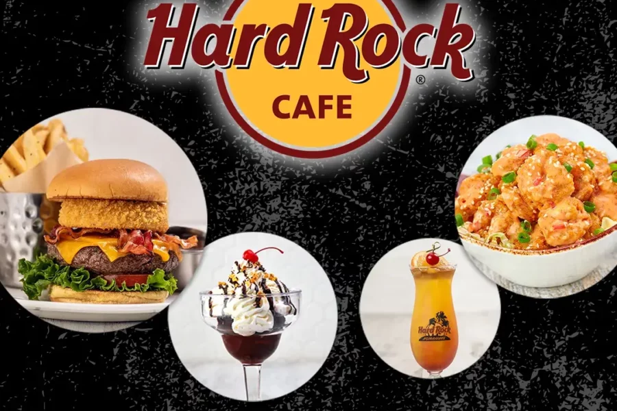 Hard rock cafe food giveaway promotion with burger, shrimp, and desserts