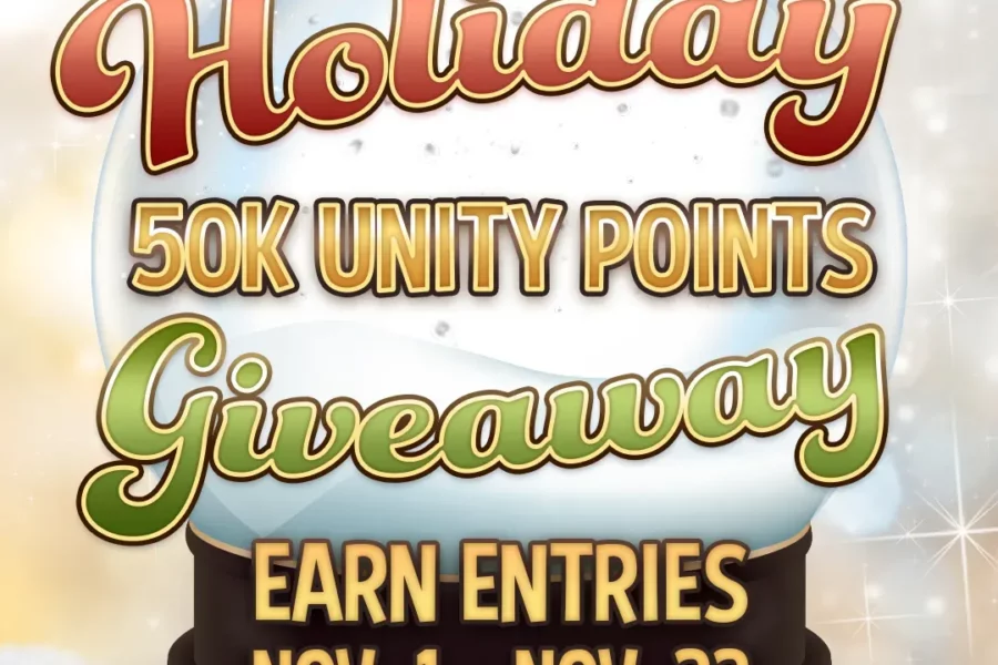 Holiday-themed giveaway offering 50k unity points with festive gingerbread and holiday decorations.