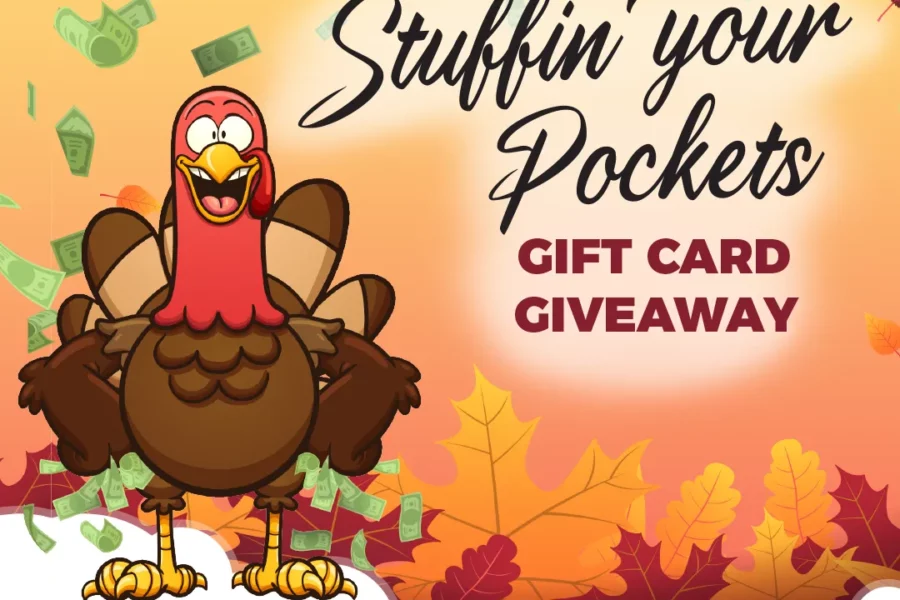 Stuffin' your pockets gift card giveaway with happy turkey and falling cash