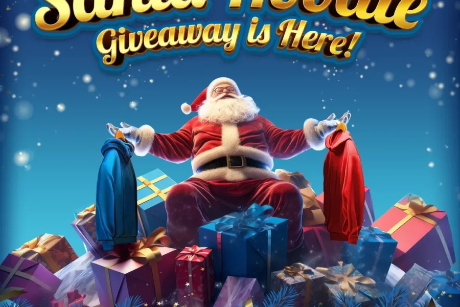 Santa hoodie giveaway with santa holding blue and red hoodies